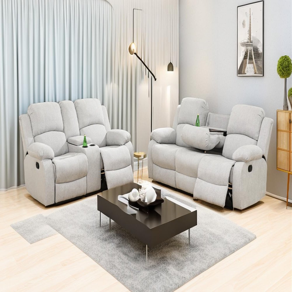 A Ainehome Living Room Furniture Set Leather Recliner Sofa Set Loveseat Chair Furniture Sofa Set for Living Room/Small Space/Rv/House/Office/Theater Seating (A-Grey White Microfiber, Sofa+Loveseat)