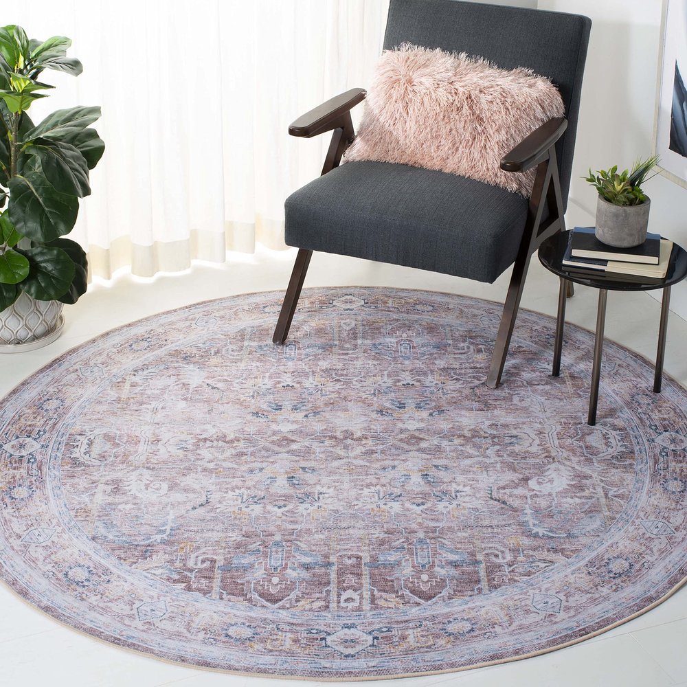 SAFAVIEH Washable Rug Tucson Collection - 6' Round, Rust & Beige, Slip Resistant & Easy to Clean, Ideal for Living Room, Bedroom, Dining Space (TSN185P)