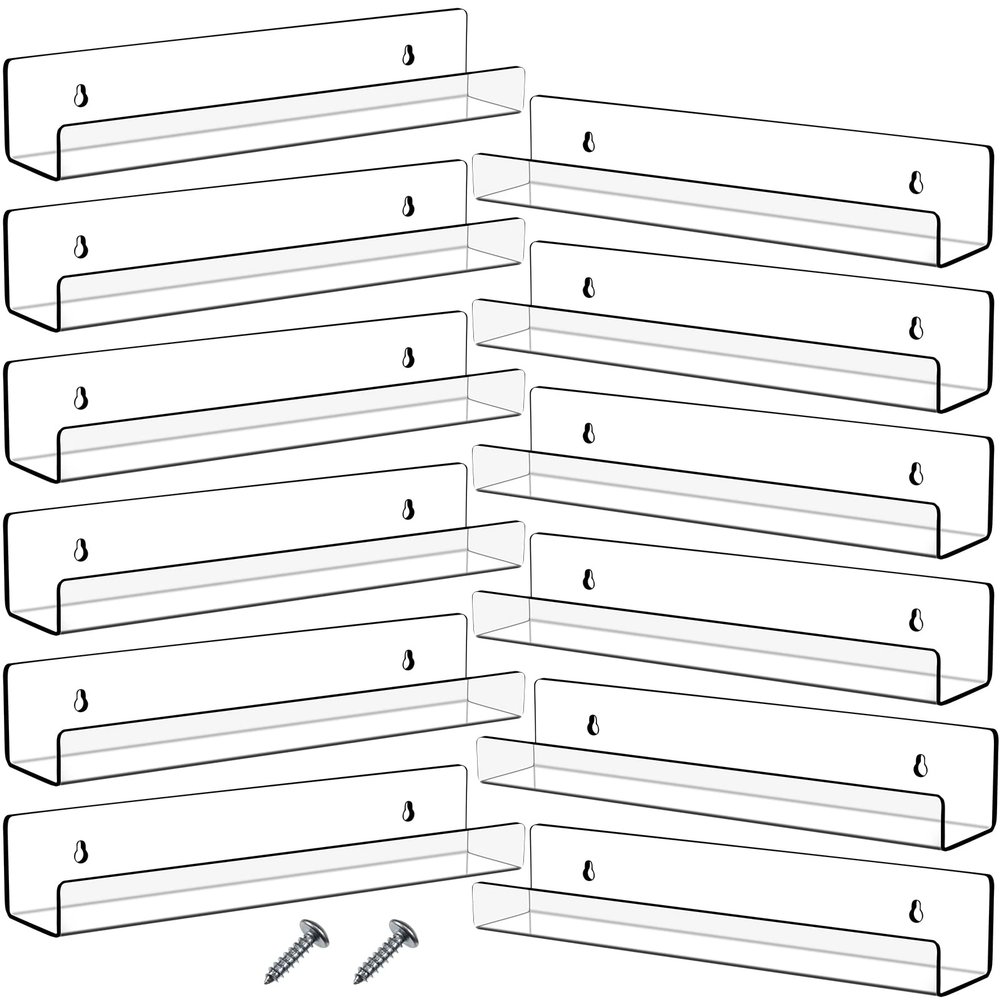 Blulu 12 Packs 14 Inch Acrylic Floating Shelf Wall Mounted Invisible Acrylic Shelf Ledge Floating Bookshelf for Living Room Office Bedroom Bathroom Kitchen Decoration Space Save (Clear)