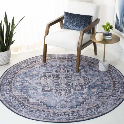 SAFAVIEH Washable Rug Tucson Collection - 6' Round, Blue & Charcoal, Slip Resistant & Easy to Clean, Ideal for Living Room, Bedroom, Dining Space (TSN137M)