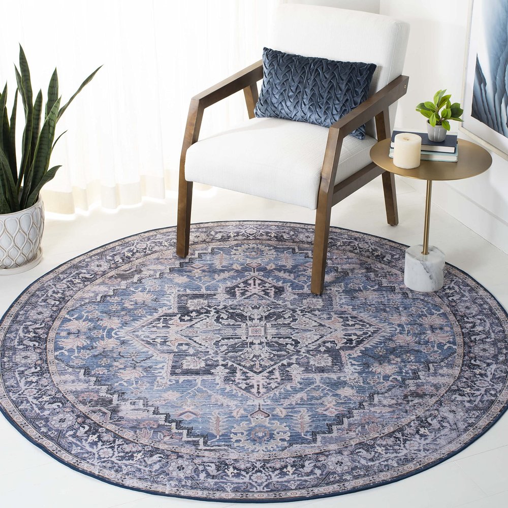 SAFAVIEH Washable Rug Tucson Collection - 6' Round, Blue & Charcoal, Slip Resistant & Easy to Clean, Ideal for Living Room, Bedroom, Dining Space (TSN137M)