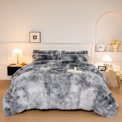 chovy Faux Fur Tie-Dyed Black White Gray Colorful Comforter Sets Queen - 3PC Bed Set Ultra Soft Plush Flannel Velvet Fluffy Fuzzy BeddingComforter x 1 Pillowcases x 2