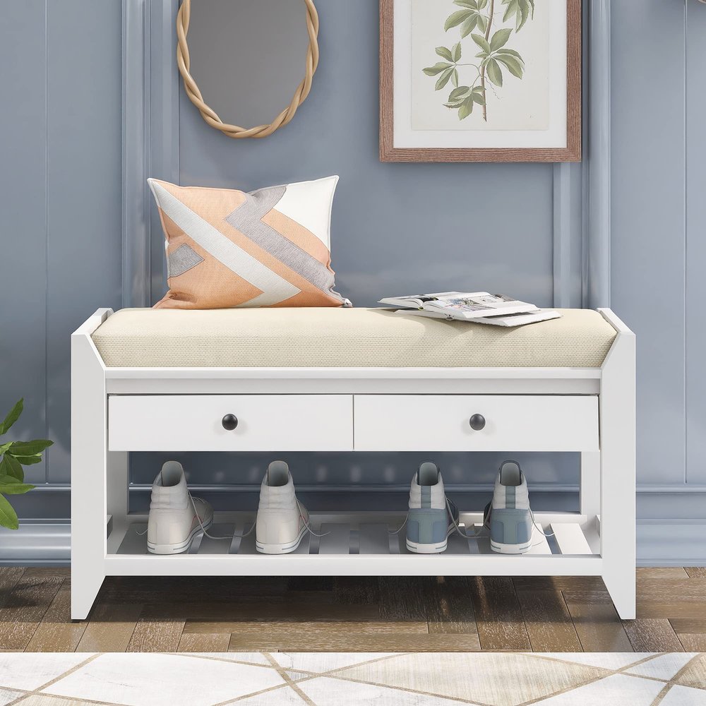 Merax Farmhouse Wood Shoe Bench with Storage and Seat Cushion Entryway Bench with Shoe Shelf and Drawers White
