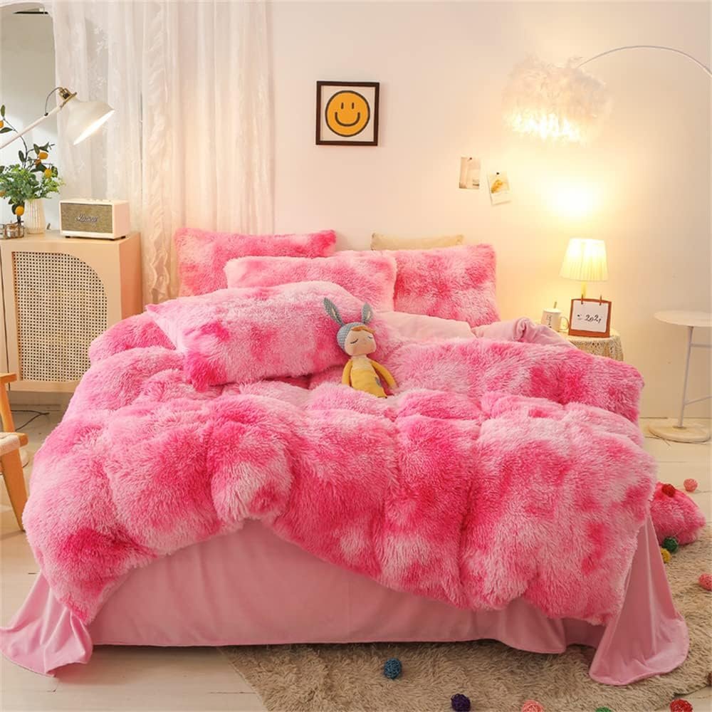 chovy Faux Fur Tie-Dyed Pink White Red Colorful Comforter Sets King - 3PC Bed Set Ultra Soft Plush Flannel Velvet Fluffy Fuzzy BeddingComforter x 1 Pillowcases x 2