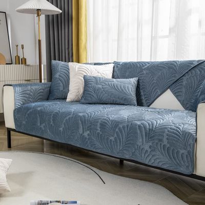 XSlive Leaf Embroidery Velvet Sofa Couch Cover Plush Quilted Sectional Couch Cover Super Soft Nonslip Sofa Slipcover Furniture Protector for Dogs, Children, Pets (Dark Blue,43"x43")