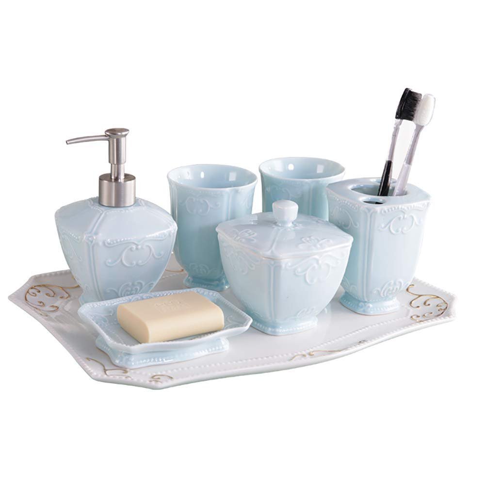EKAYG Wall-Mounted Five-Piece Bathroom Ceramic Set, Ceramic Toothbrush Holder Soap Dispenser Soap Holder Home Products Bathroom Set Dustproof