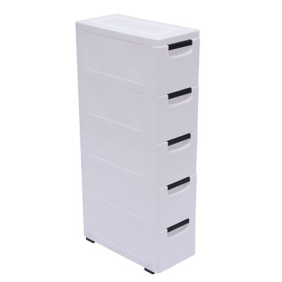 5 Tier White Plastic Storage Cabinet Stackable 5 Drawers Vertical Clothes Storage Cabinet with Wheels for Home Bedroom 7.9 x 15.8 x 33.1in