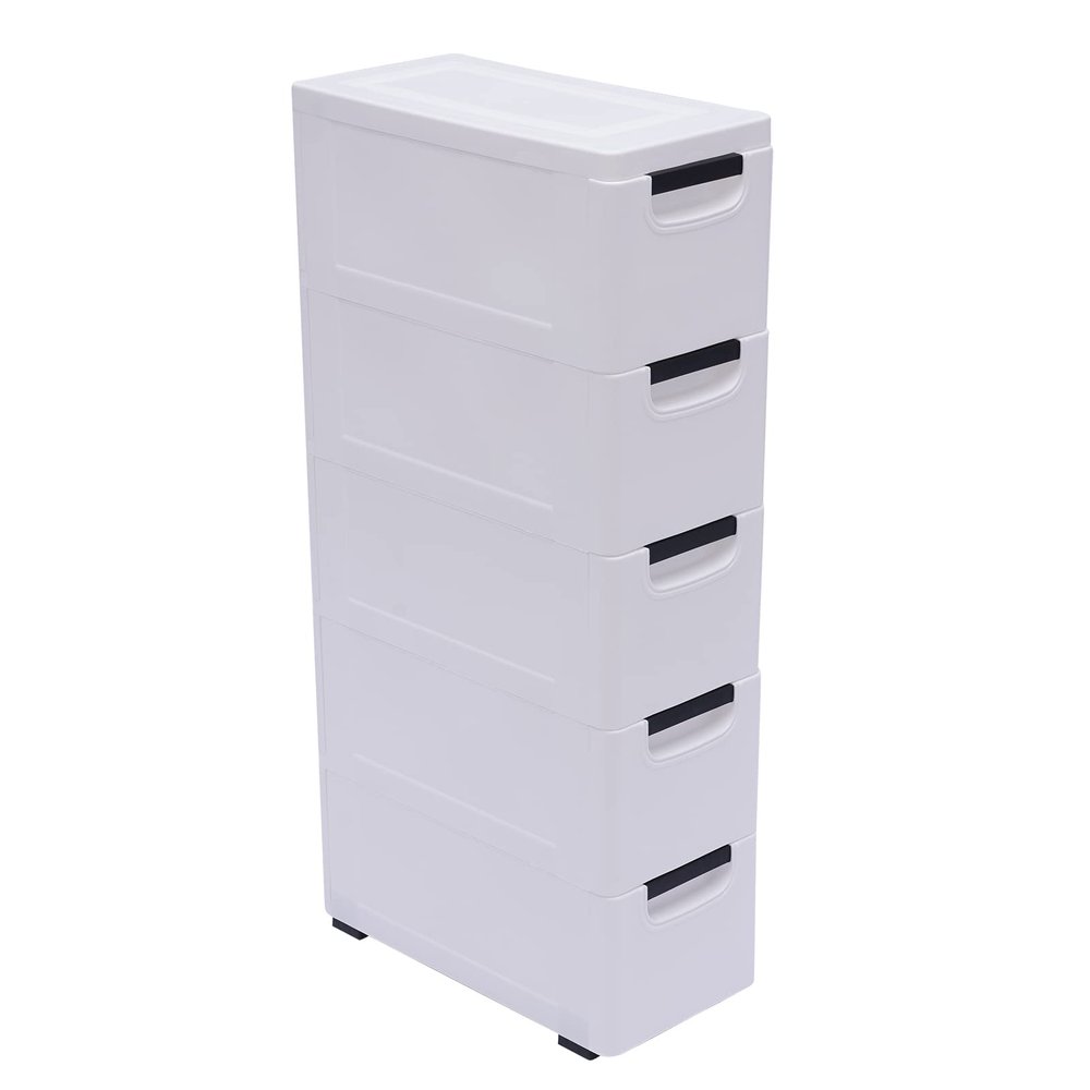 5 Tier White Plastic Storage Cabinet Stackable 5 Drawers Vertical Clothes Storage Cabinet with Wheels for Home Bedroom 7.9 x 15.8 x 33.1in