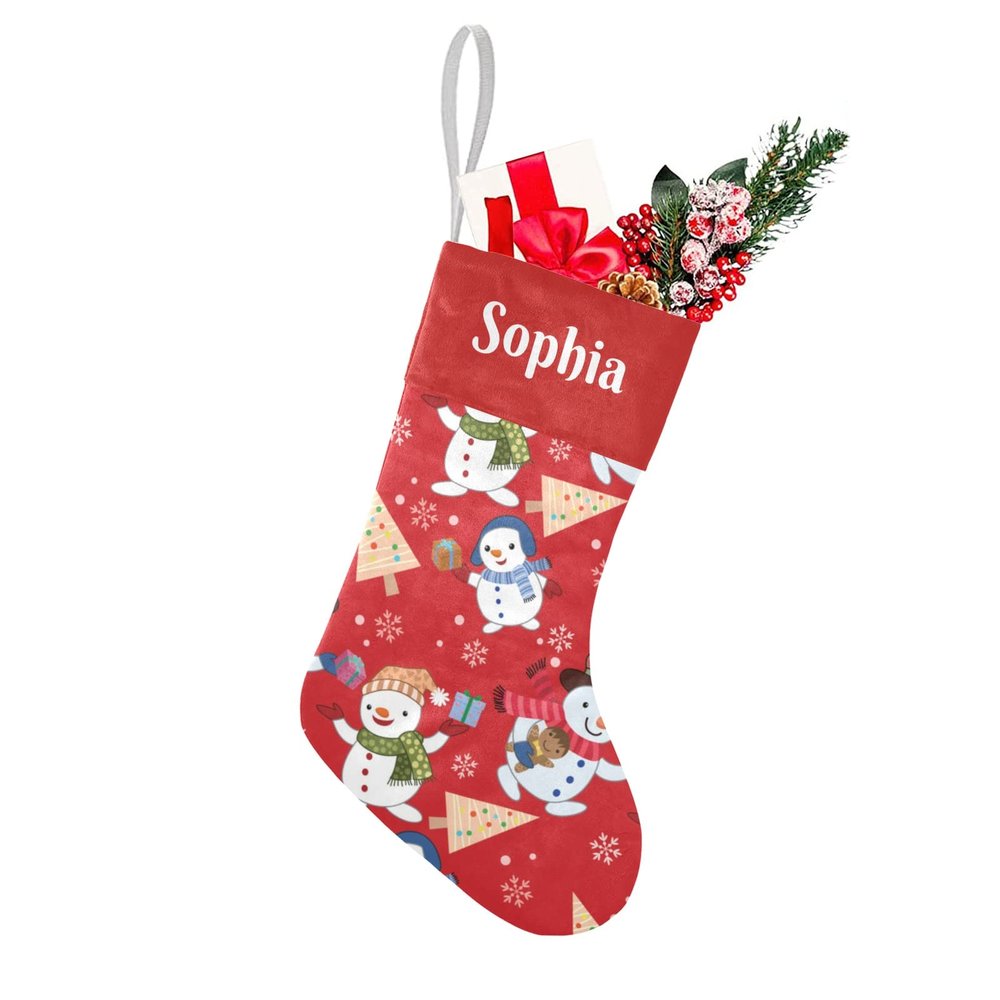 SunFancyCustom Cute Snowman Christmas Tree on Red Christmas Stocking with Name Custom Xmas Stockings for Family Wedding Party Decor 17.52 x 7.87 Inch