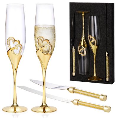 4 Piece Champagne Flutes and Cake Knife Server Set, Bride & Groom Toasting Flutes with Cake Cutting Set, Diamond Champagne Glasses Set for Wedding Reception or Anniversary Party, House Warming, Gold