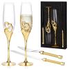 4 Piece Champagne Flutes and Cake Knife Server Set, Bride & Groom Toasting Flutes with Cake Cutting Set, Diamond Champagne Glasses Set for Wedding Reception or Anniversary Party, House Warming, Gold