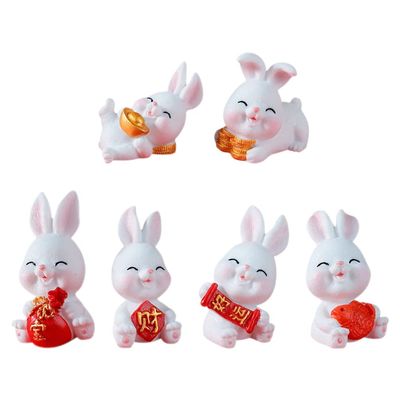 ABOOFAN Bunny Miniature Rabbit Figures 6Pcs Mini Figurines Chinese Zodiac Year Ornament for Spring Festival New Decoration Assorted Color 5.5X3CM