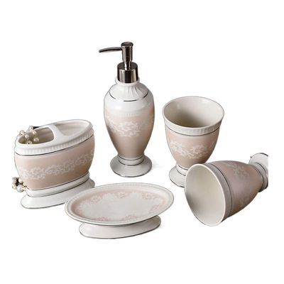 Ryakos Bathroom Accessories Sets European Retro 5-Piece Ceramic Bath Accessory Set Simple Style Bathroom Kit for Housewarming Gift Soap Dispenser Set (Color : Pink)