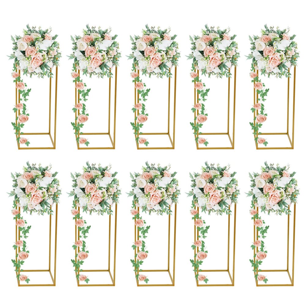 10Pcs 23" Gold Geometric Flower Stands for Wedding Decorations, Metal Vase Column Stands for Events, Parties, Home Dcor  Elegant and Stable Design