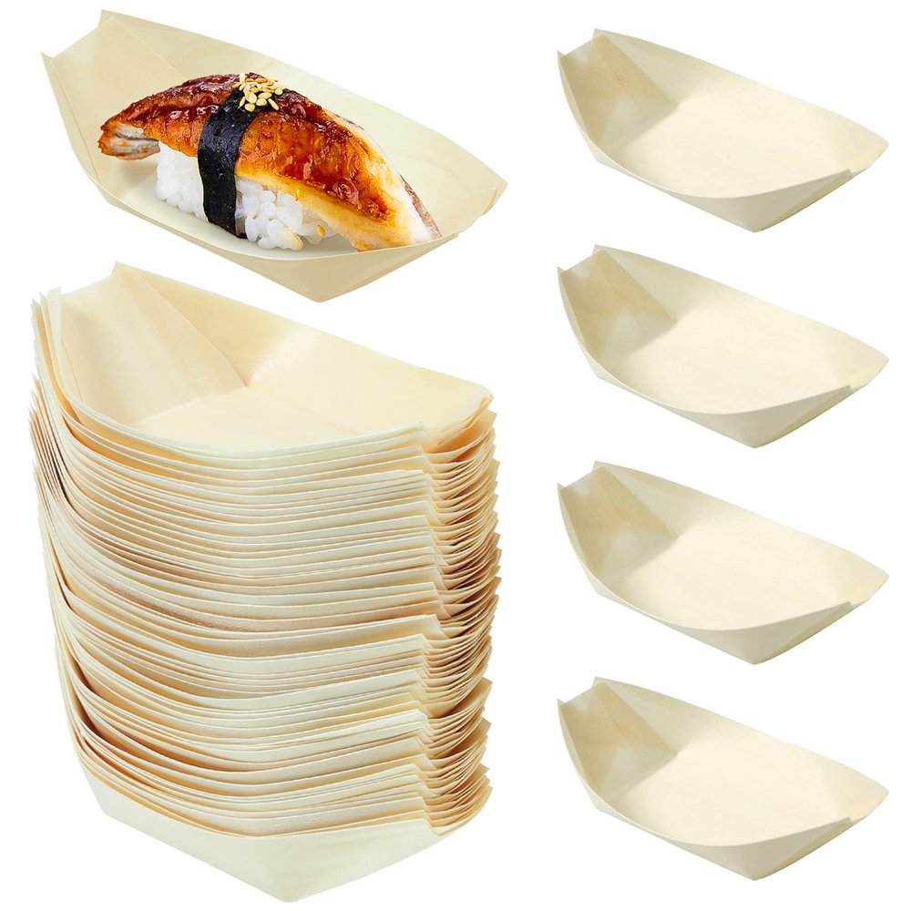100Pcs Disposable Wooden Sushi Boat, 5.51X3.14X1.57 Inch Natural Wood Serving Tray for Sushi, Desserts, Salads, Snacks, Catering and Home Use