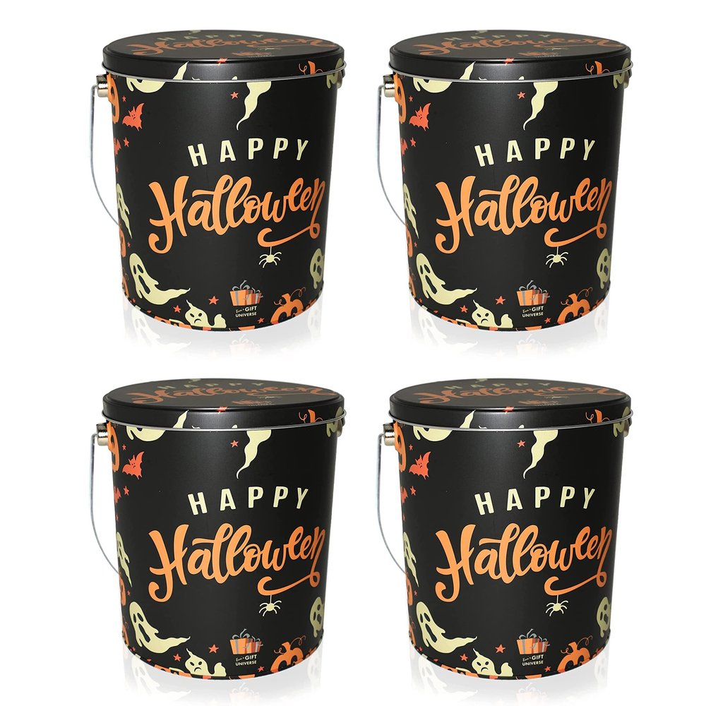 Halloween Trick or Treat Tin Bucket, Black Tin Pails with Handle, 4 Pack