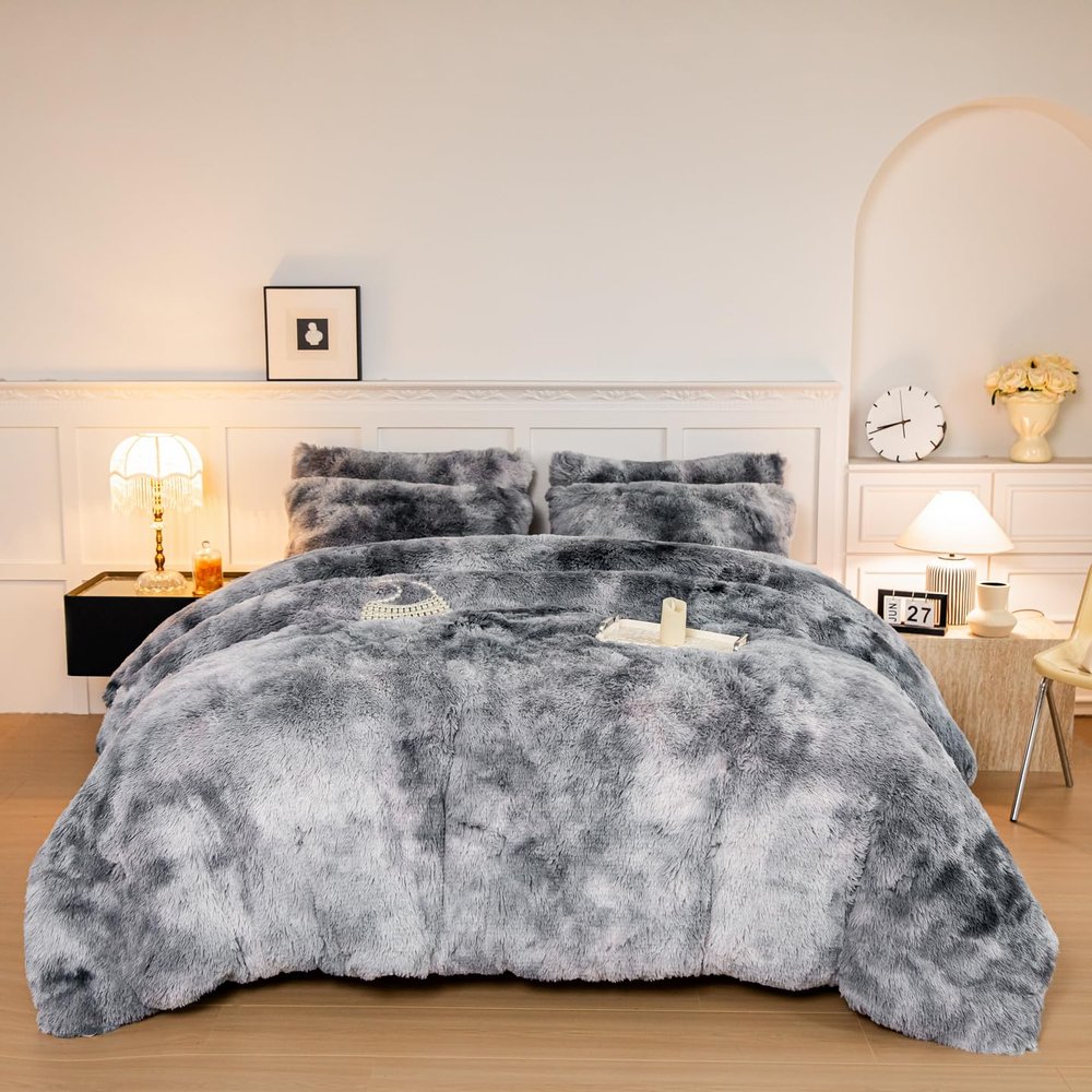 chovy Faux Fur Tie-Dyed Black White Gray Colorful Comforter Sets King - 3PC Bed Set Ultra Soft Plush Flannel Velvet Fluffy Fuzzy BeddingComforter x 1 Pillowcases x 2
