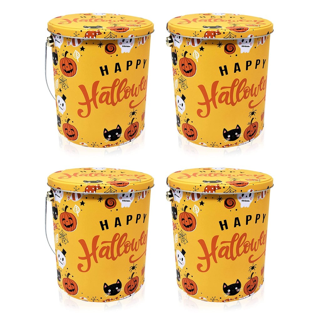 Halloween Trick or Treat Tin Bucket, Yellow Tin Pails with Handle, 4 Pack