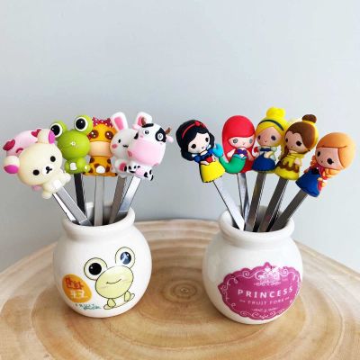 HENWAFX Fruit Fork, Cute Set of 6 Fruit Forks with Holder Stainless Steel Food Pick Forks for Home (Cartoon+ fairy princess)