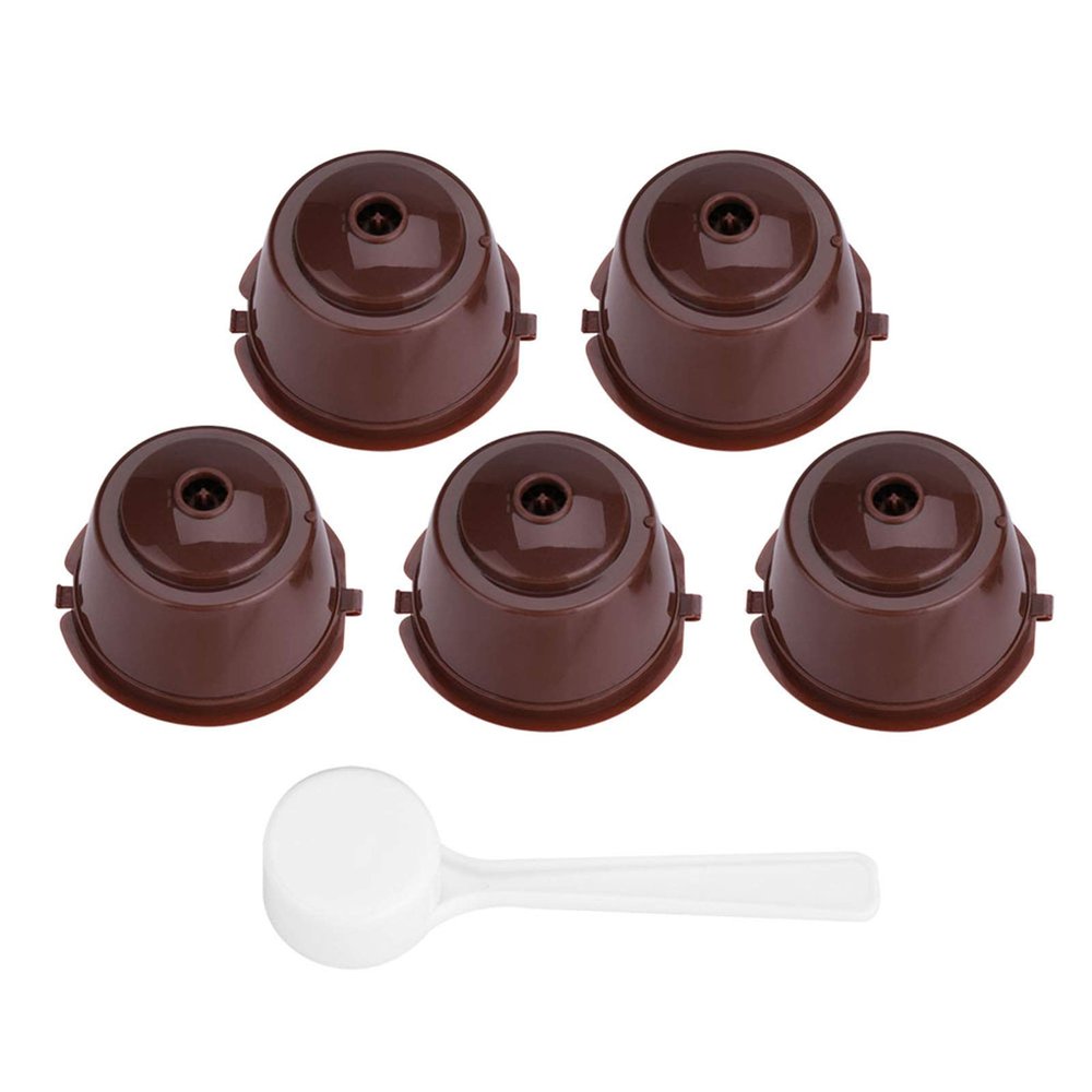 Reusable K Cups, 5Pcs Refillable Coffee Filter Set with Spoon Coffee Pod Capsules with Integrated Mesh Strainer Compatible with Nescafe Dolce Gusto(Brown)