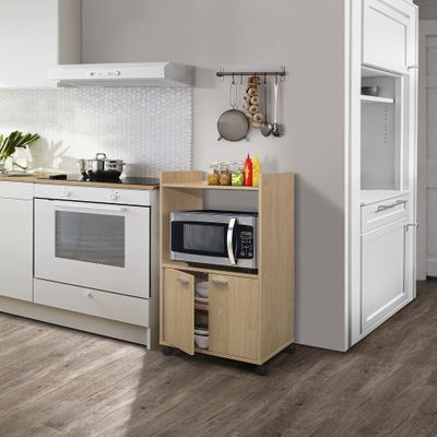Kings Brand Furniture Ayla Microwave Cabinet with Storage and Upper Shelf for Kitchen Appliances - 2 Door Cabinet Kitchen Storage Cart - Wood Kitchen Cart with Lockable Castors Wheels - Beech