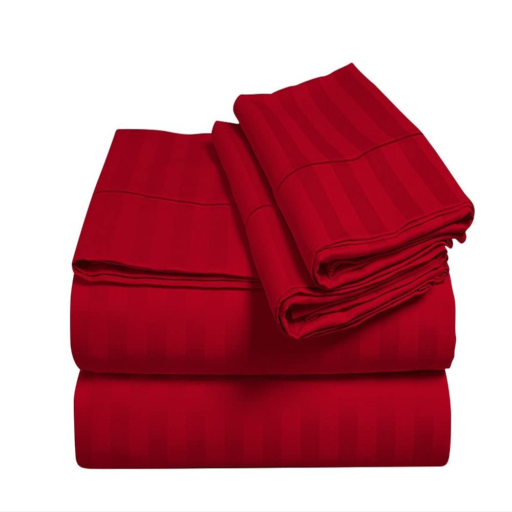 4 Piece Attached Waterbed Sheet-Set with Fitted Sheet Cool Breathable and Ultra Soft Rich 100% Egyptian Cotton 8 Inch Deep Pocket Super Single Size, Red Stripe