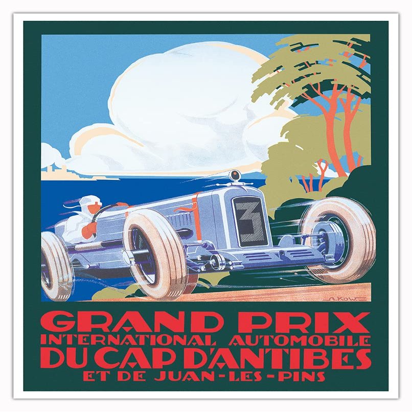 1929 Cap D'Antibes Grand Prix - Juan-les-Pins France - Vintage Car Racing Poster by Alexis Kow - Fine Art Matte Paper Print (Unframed) 16x20in