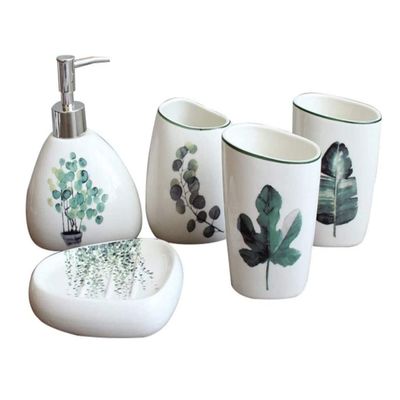 Ryakos Bathroom Accessories Sets Bathroom Accessories Set Ceramic 5 Piece Includes Soap Dispenser Soap Dish Toothbrush Cup 2 Tumbler Soap Dispenser Set (Color : B)