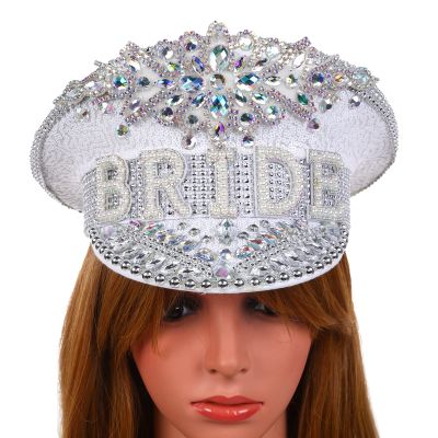 VIESSLG White Bride Cap Military Hat Handmade Sequin Captain Hat for Anniversary Bacherlorette Bride Tribe Party (Color : White, Size : Bride)