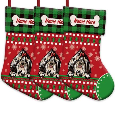 MALIHONG 3 Pack Personalized Merry Christmas Red Stockings with Cute Dog Shih Tzu Bone Green Buffalo Plaid Snowflake 14.4"