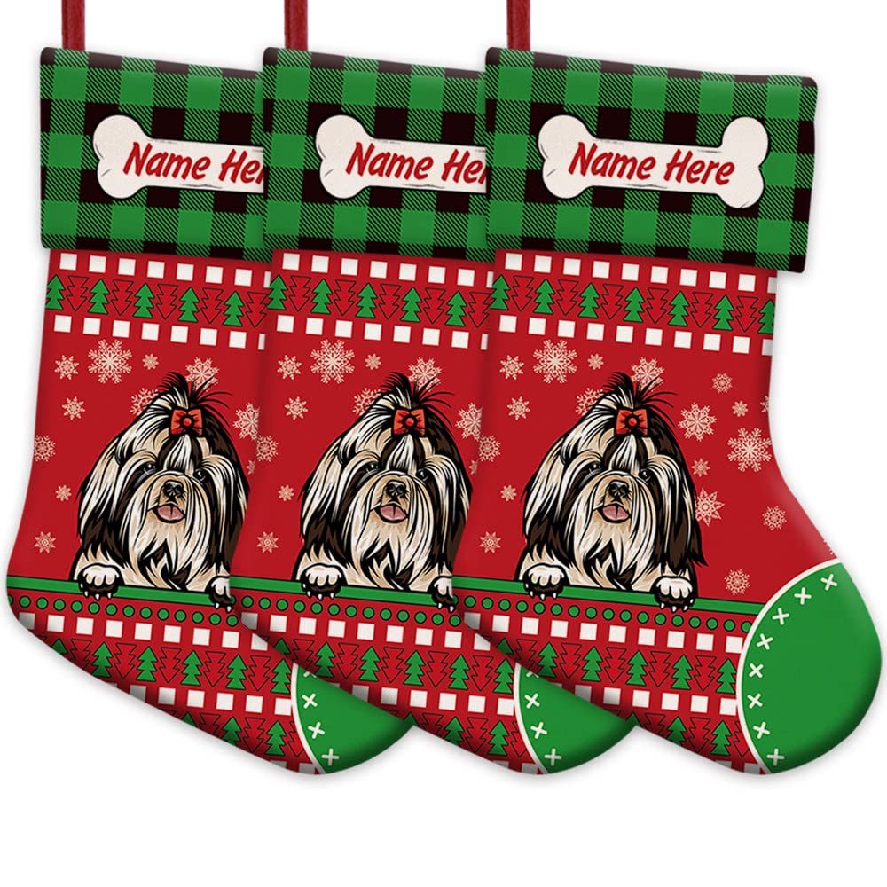 MALIHONG 3 Pack Personalized Merry Christmas Red Stockings with Cute Dog Shih Tzu Bone Green Buffalo Plaid Snowflake 14.4"