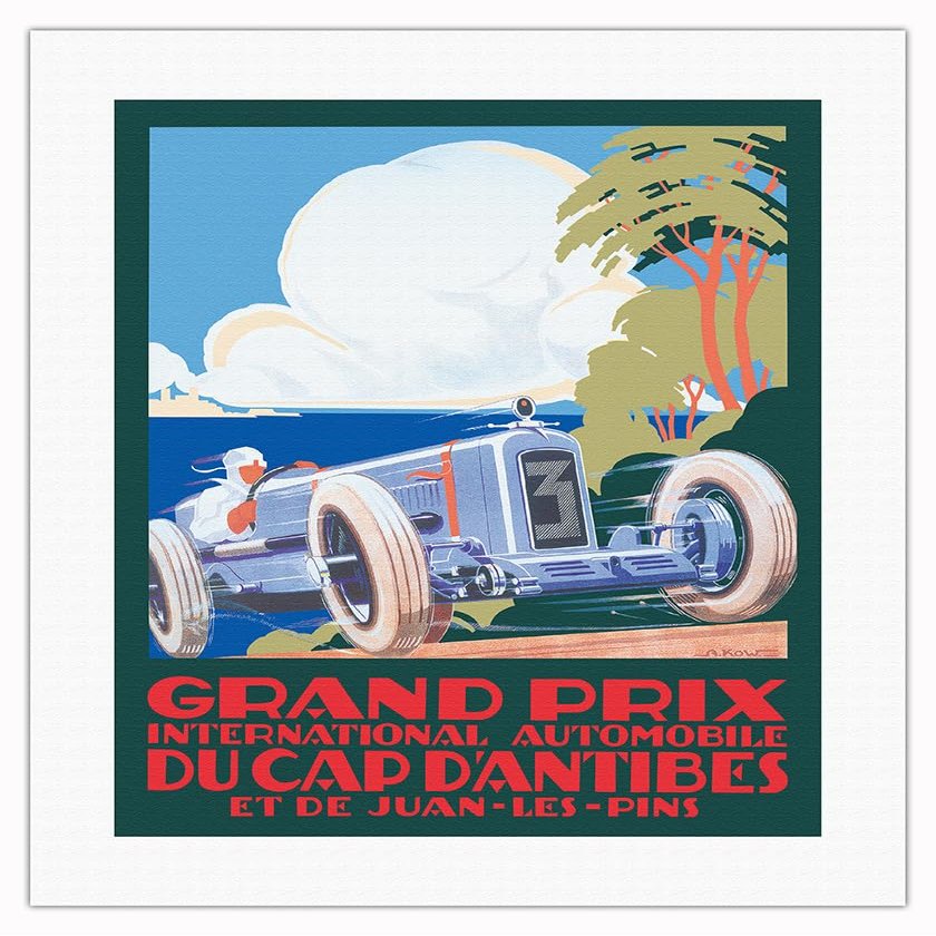 1929 Cap D'Antibes Grand Prix - Juan-les-Pins France - Vintage Car Racing Poster by Alexis Kow - Fine Art Rolled Canvas Print 16in x 20in