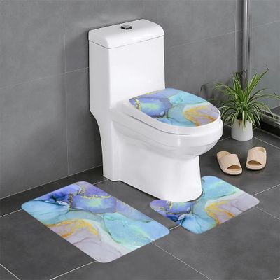 3 Piece Bath Mat Set Green Purple Marble Texture Bathroom Rug Non Slip Watercolor Marble Shower Rugs Extra Soft and Water Absorbent Floor Mats Toilet Contour Mat Lid Cover