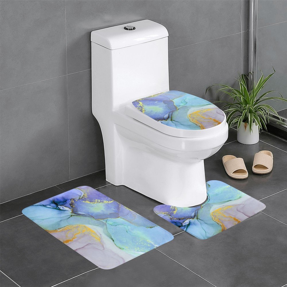 3 Piece Bath Mat Set Green Purple Marble Texture Bathroom Rug Non Slip Watercolor Marble Shower Rugs Extra Soft and Water Absorbent Floor Mats Toilet Contour Mat Lid Cover