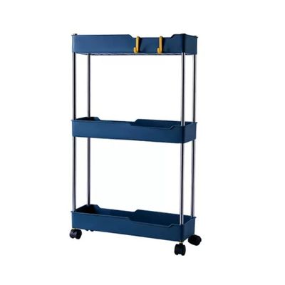 LEIYAN Slide-Out Trolley Rack Holder,2/3/4 Tier Storage Cart,Utility Cart Mobile Storage Shelving Organizer on Wheels,Space-Saving Narrow Kitchen Bathroom Trolley (Color : Blue, Size : 3 Tier)