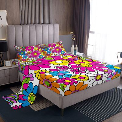 Feelyou Groovy Flower Bed Sheets Set Hippie Flowers Bohemian Sheet Set for Kids Decor Psychedelic Floral Sheets with Deep Pocket Fitted Sheet Retro Floral Boho Bedding Set 4Pcs Queen Size