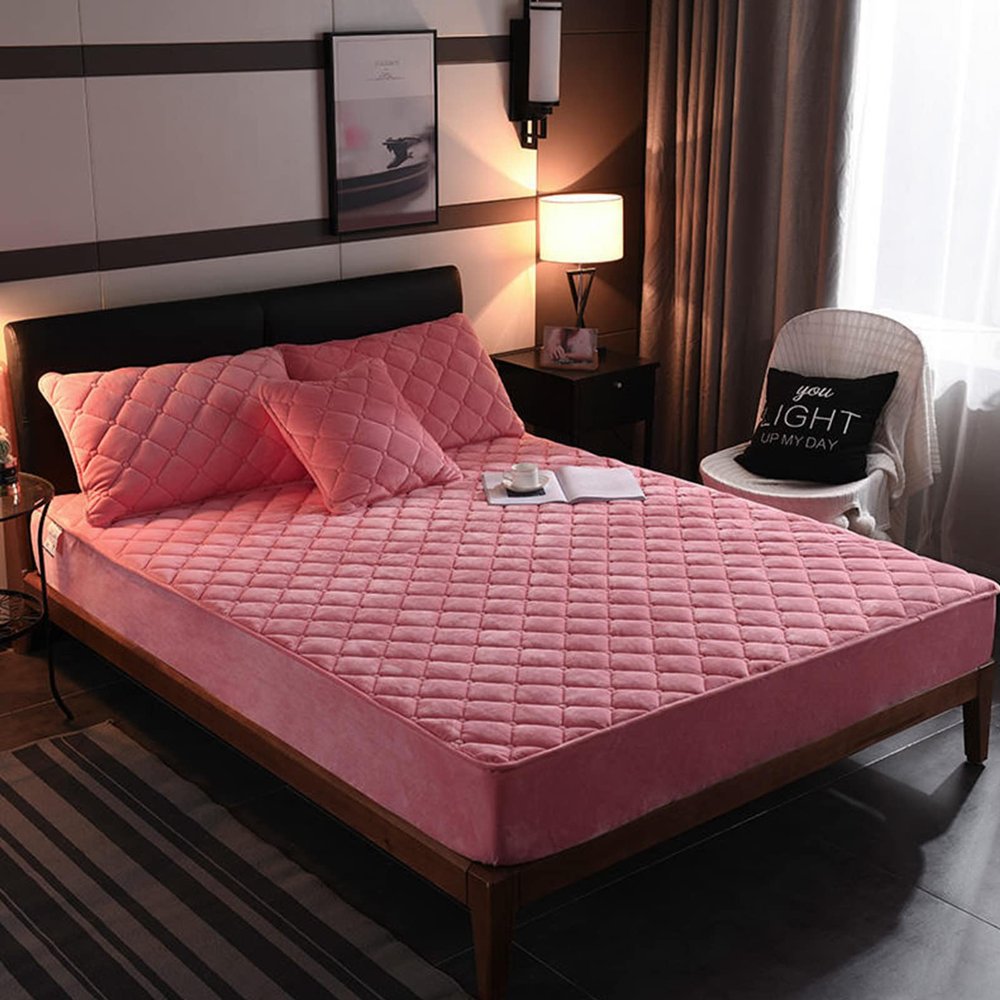 QQXX Quilted Velvet Fitted Sheet with 11.8in Deep Pockets,Ultra Soft Thick Wrinkle Free Bedding Sheet,Breathable Mattress Cover for Bed Mattress Protector,Pink a,200x220cm(79x87)