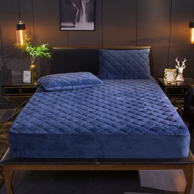 QQXX Quilted Velvet Fitted Sheet with 11.8in Deep Pockets,Ultra Soft Thick Wrinkle Free Bedding Sheet,Breathable Mattress Cover for Bed Mattress Protector,Blue,150x190cm(59x75)