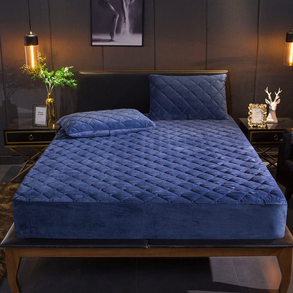 QQXX Quilted Velvet Fitted Sheet with 11.8in Deep Pockets,Ultra Soft Thick Wrinkle Free Bedding Sheet,Breathable Mattress Cover for Bed Mattress Protector,Blue,150x190cm(59x75)