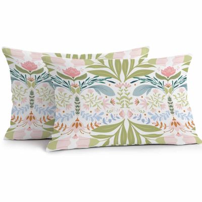 Outdoor Pillow Covers Waterproof, Green Blue Pink Floral All Weather Cushion Case Set of 2, Rustic Ethnic Boho Flowers Botanical Lumbar Pillowcase for Sofa Couch Bed Decor Patio Furniture 20"x12"
