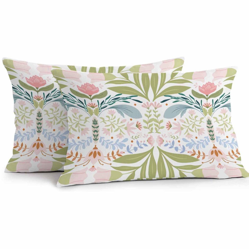 Outdoor Pillow Covers Waterproof, Green Blue Pink Floral All Weather Cushion Case Set of 2, Rustic Ethnic Boho Flowers Botanical Lumbar Pillowcase for Sofa Couch Bed Decor Patio Furniture 20"x12"