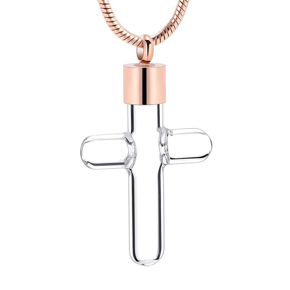 SHEIL Glass Cross Stainless Steel Cremation Necklace Hold Human/Pet Memorial Ashes Pendant Keepsake Jewelry in Stainless Steel