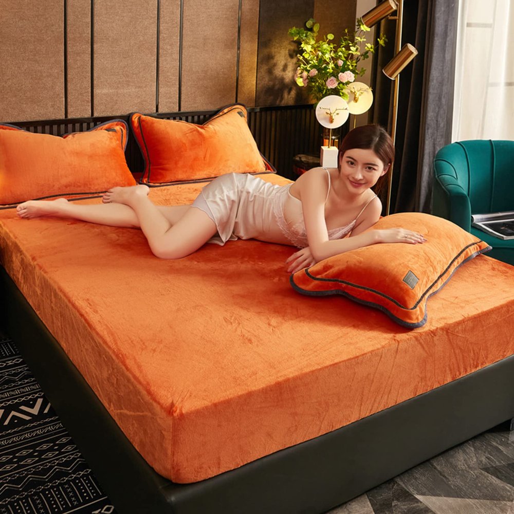 QQXX Velvet 11.8" Deep Pocket Fitted Sheet,Soft Thicken Bed Sheet, Winter Warm Mattress Protector Cover with Elastic Bottom for Bedroom Decoration,Orange,180x200cm(71x79)