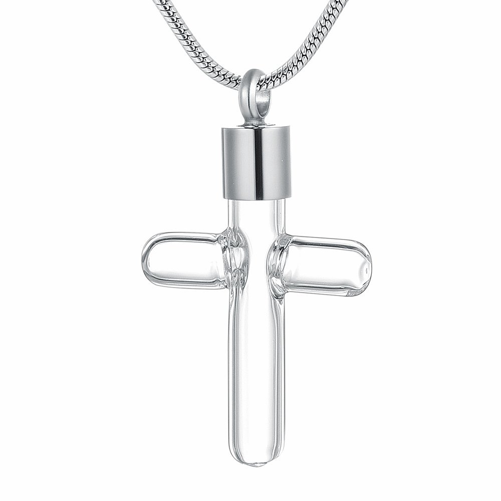 SHEIL Glass Cross Stainless Steel Cremation Necklace Hold Human/Pet Memorial Ashes Pendant Keepsake Jewelry in Stainless Steel