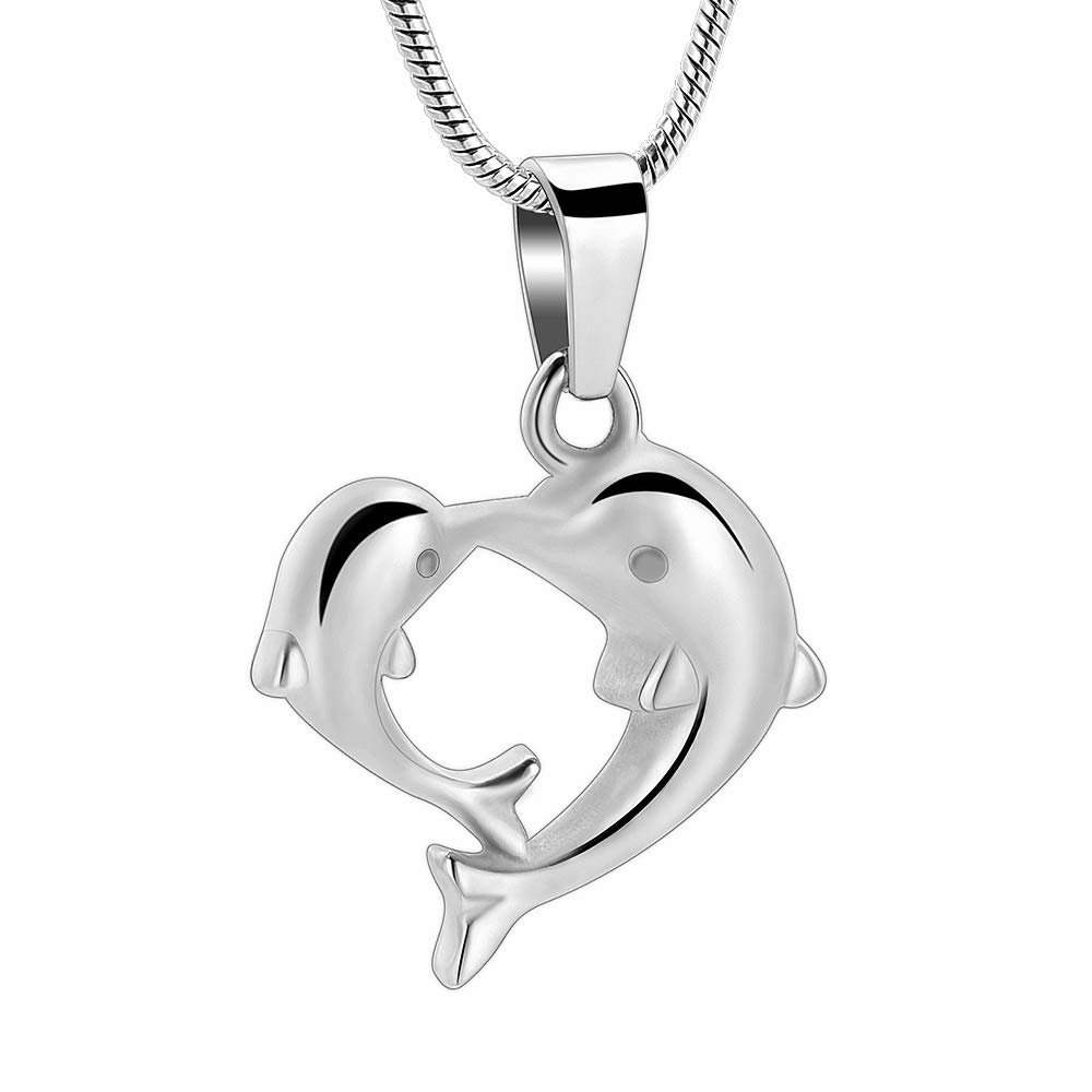 SHEIL Loss of Pet Cremation Jewelry - Double Dolphin Memorial Urn Pendant Ashes Holder Keepsake Necklace - Stainless Steel