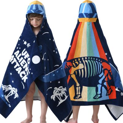 VOOVA & MOVAS Toddler Bath Towel with Hood for Kids Age 3-8, 30''X50, Soft | Thick | Absorbent Cotton Wrap Blanket, Beach, Pool, Swim | Bath Use, Dinosaur Under The UFO