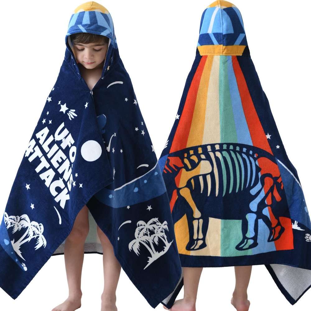 VOOVA & MOVAS Toddler Bath Towel with Hood for Kids Age 3-8, 30''X50, Soft | Thick | Absorbent Cotton Wrap Blanket, Beach, Pool, Swim | Bath Use, Dinosaur Under The UFO