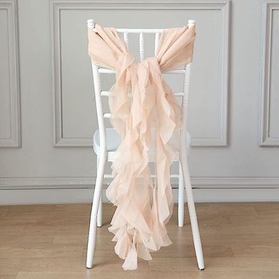 Balsa Circle 50 Nude Premium Curly Chiffon Chair Cover Caps with Sashes for Wedding Party Ceremony Reception Decorations Washable Elegant Chair Decor