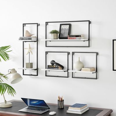 Danya B Framed Wall Art 4-Piece Modern Shelf Set - Metal Frame and MDF Shelves (Black/White)