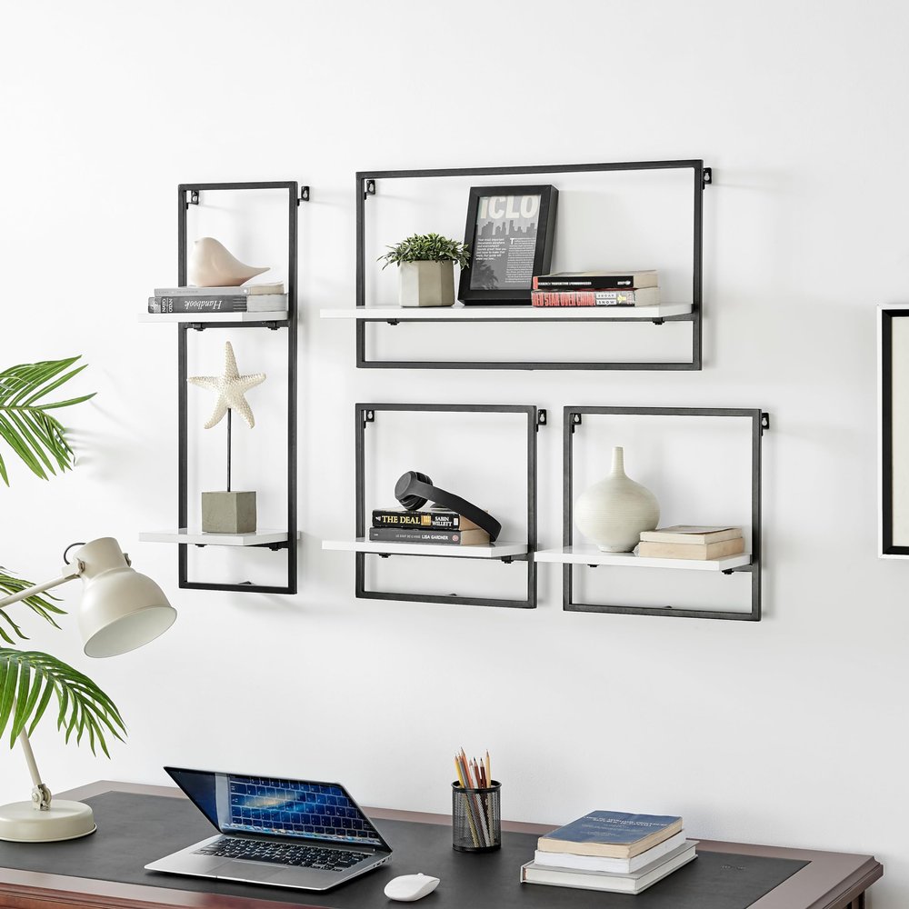 Danya B Framed Wall Art 4-Piece Modern Shelf Set - Metal Frame and MDF Shelves (Black/White)